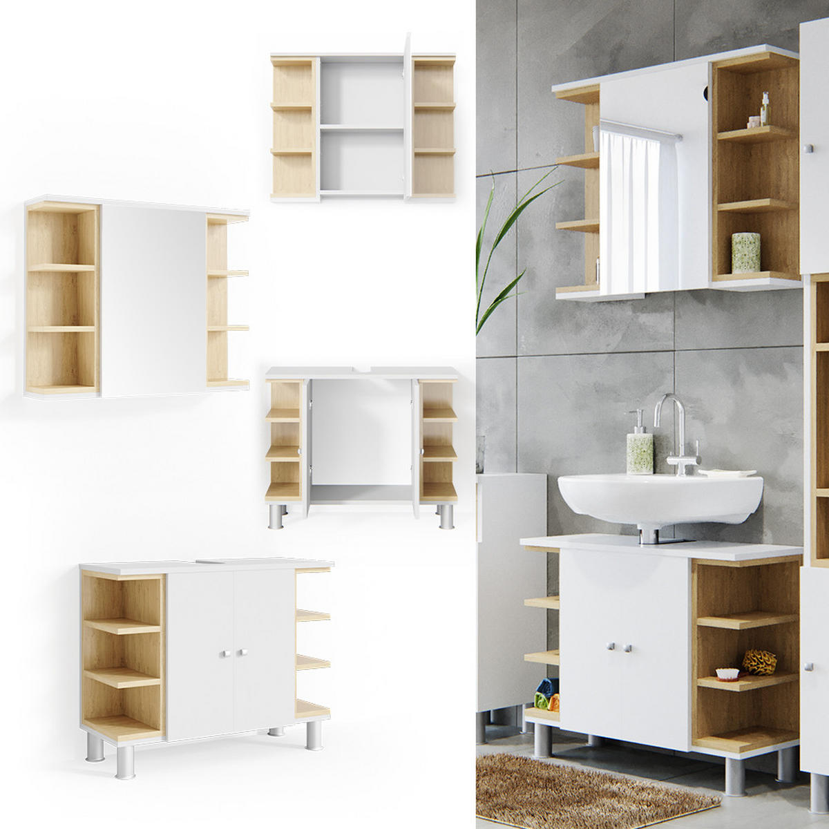 BADMÖBEL-SET Aquis Weiß 2 Teile - Weiß/Sonoma Eiche, Holzwerkstoff (79.6/64/32cm) - Vicco