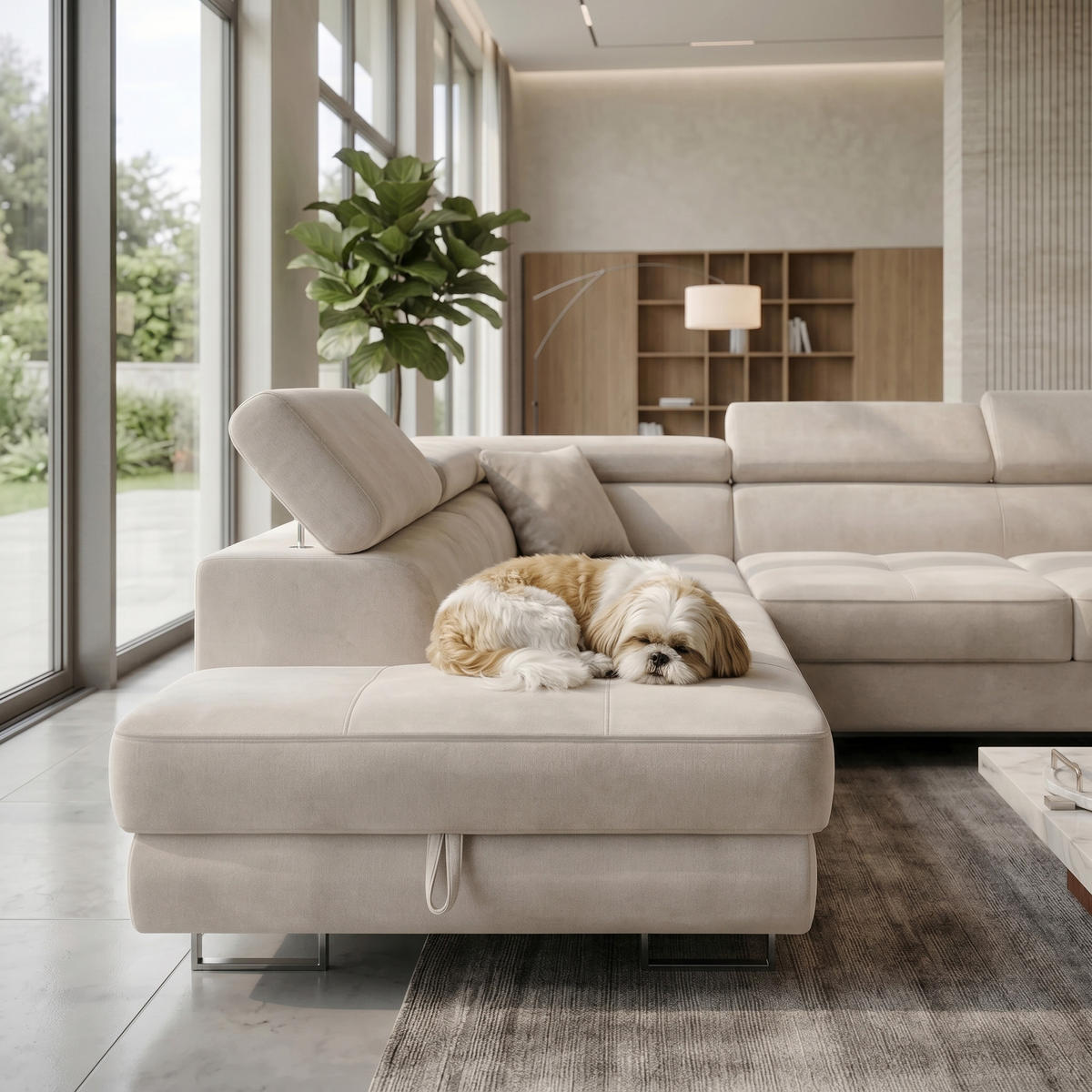 ECKSOFA U-Form WILD MAXI U2 mit Schlaffunktion 125x329 Velours Beige - Chromfarben/Beige, Holz/Textil (400/90/203cm) - Muffo