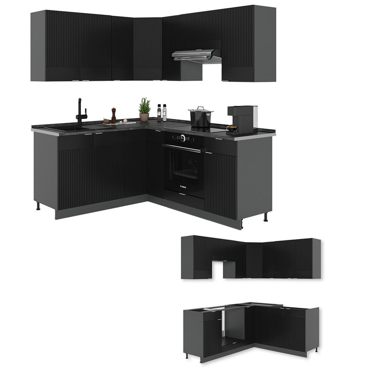 ECKKÜCHE Fame-Line, Schwarz gestreift/Anthrazit, 160 x 190 cm, AP Eiche - Anthrazit/Schwarz, Holzwerkstoff (190/81.6/60cm) - Vicco