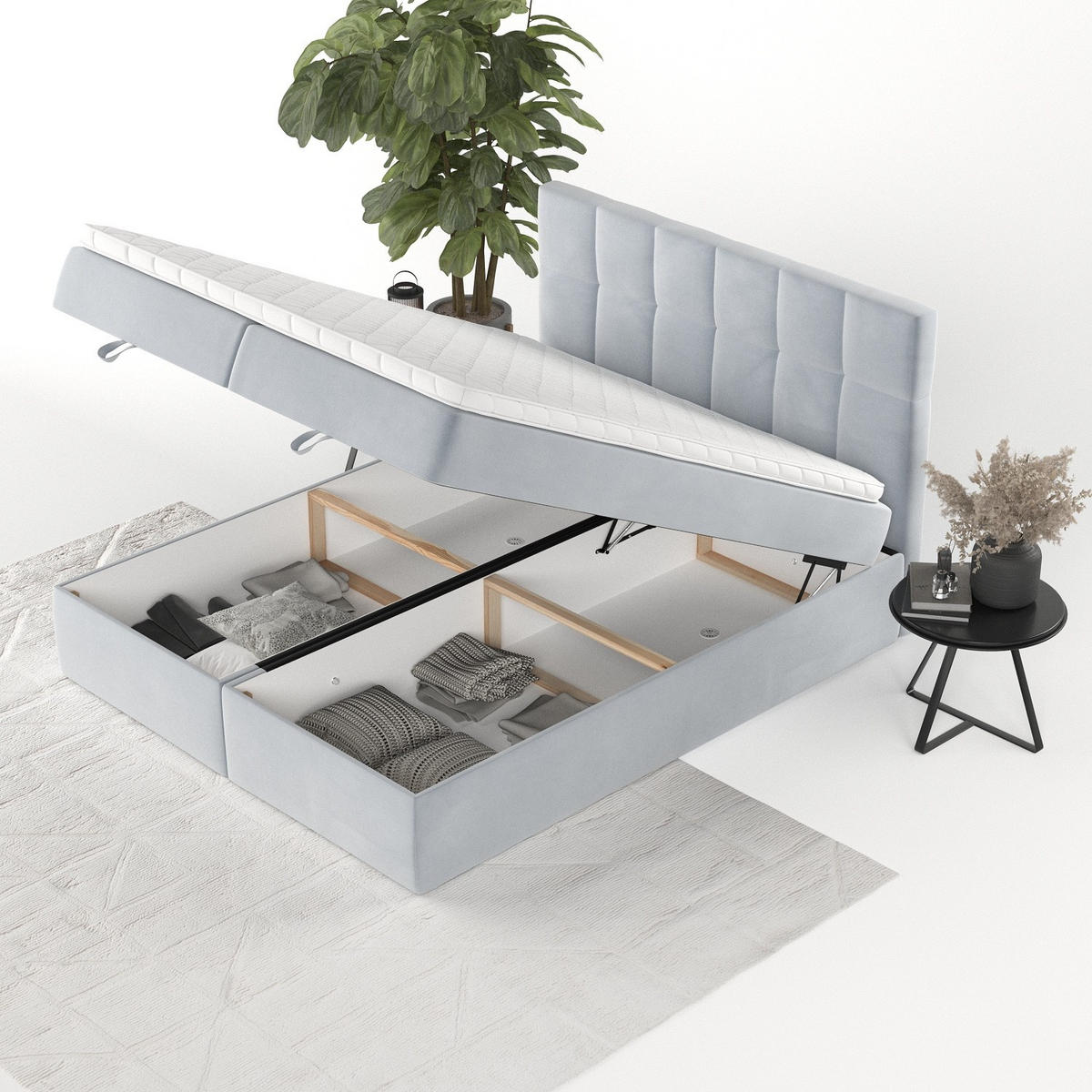 BOXBETT Savio 160/200 cm Hellgrau im Paros Stoff - Hellgrau/Schwarz, Holz/Holzwerkstoff (160/200cm) - AltaBeds