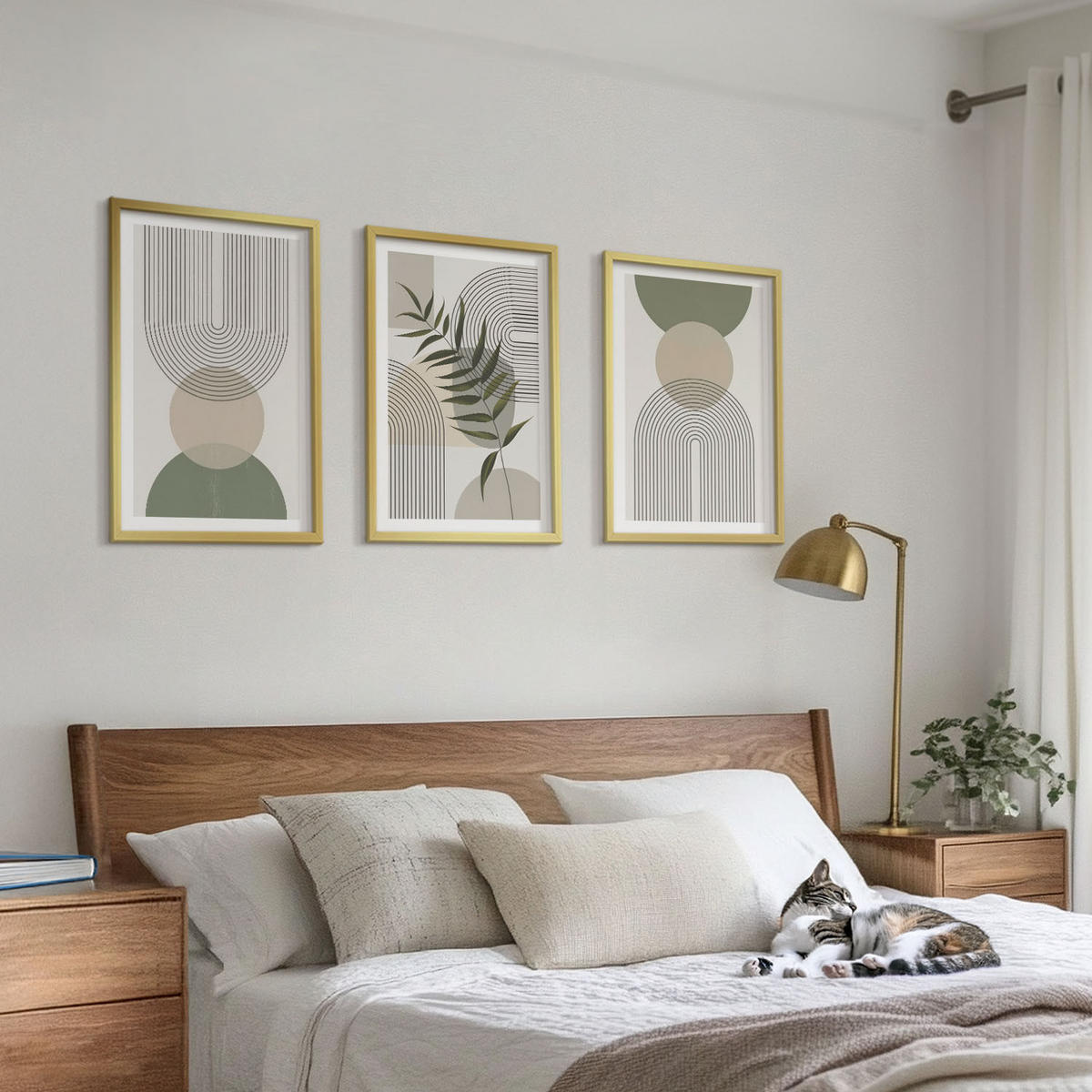WANDBILDER 3er Set - 40x60 cm Goldrahmen - Abstrakte Formen mit Grün - Goldfarben, Kunststoff (40/60cm) - ArtPrintCave