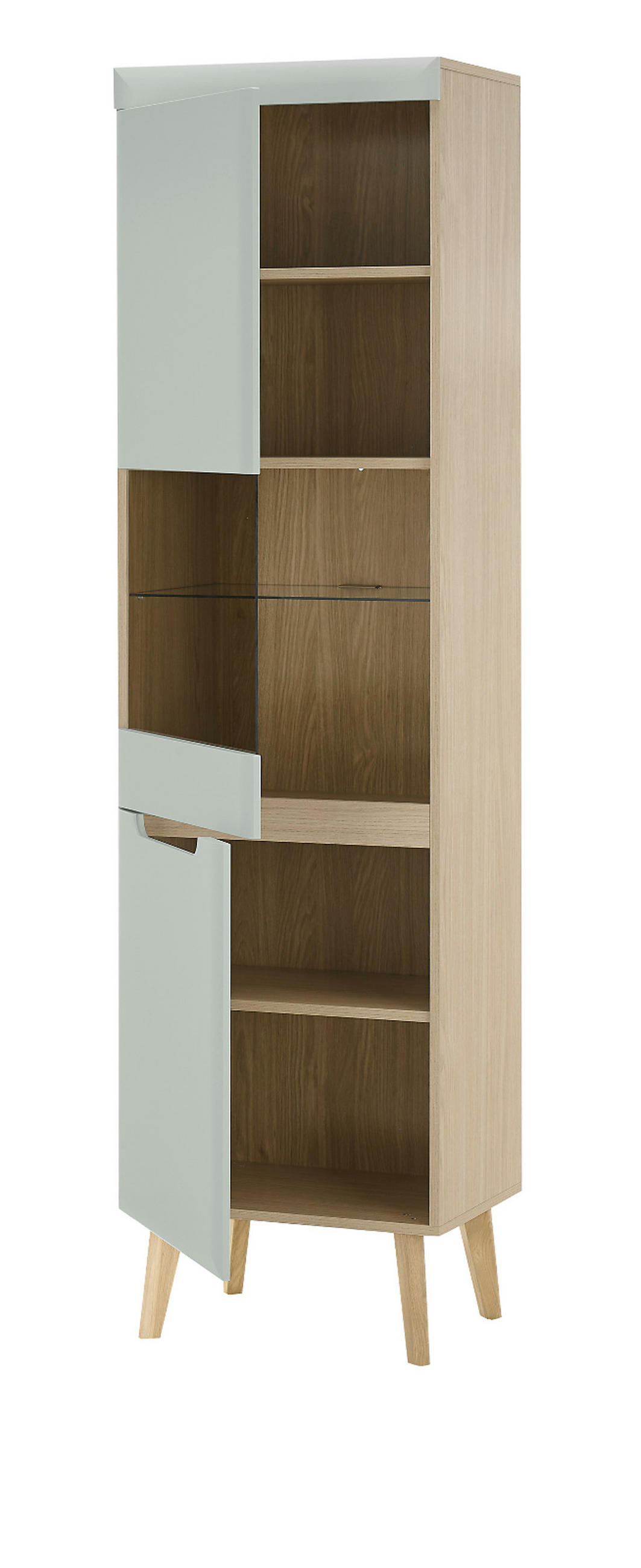 WOHNWAND 4-teilig Pistazie grün, Eiche, skandinavisch 290 cm, Wohnkombination mit Soft-Close - Eichefarben/Pastellgrün, Glas/Eichenholz (290/197/40cm) - Furn.Design