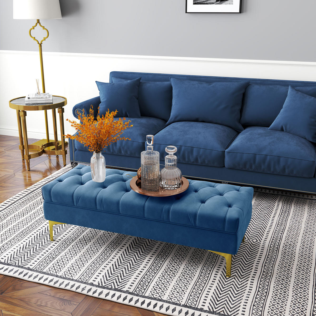 HOCKERBANK DE-12800 Knopfheftung und Goldbeine Blau - Blau, Textil (45/42/118cm) - ComfortXL
