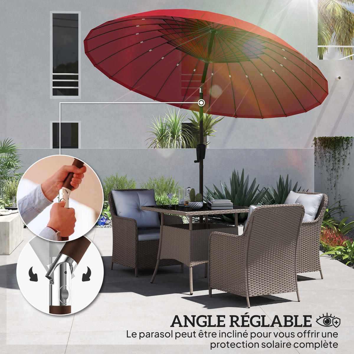 SONNENSCHIRM DE-11388 neigbar, mit Kurbel, 24 Streben Rot - Rot, Metall (260/260cm) - ComfortXL