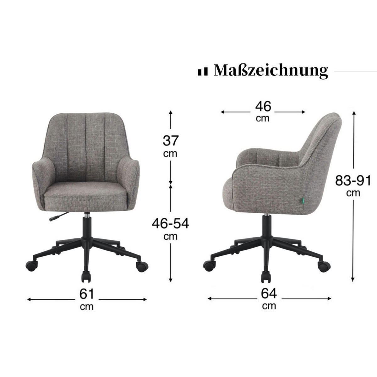 BÜROSTUHL LUCA Grau höhenverstellbar 360°drehbar - Schwarz/Grau, Kunststoff/Textil (61/83/64cm) - DUBI Möbel