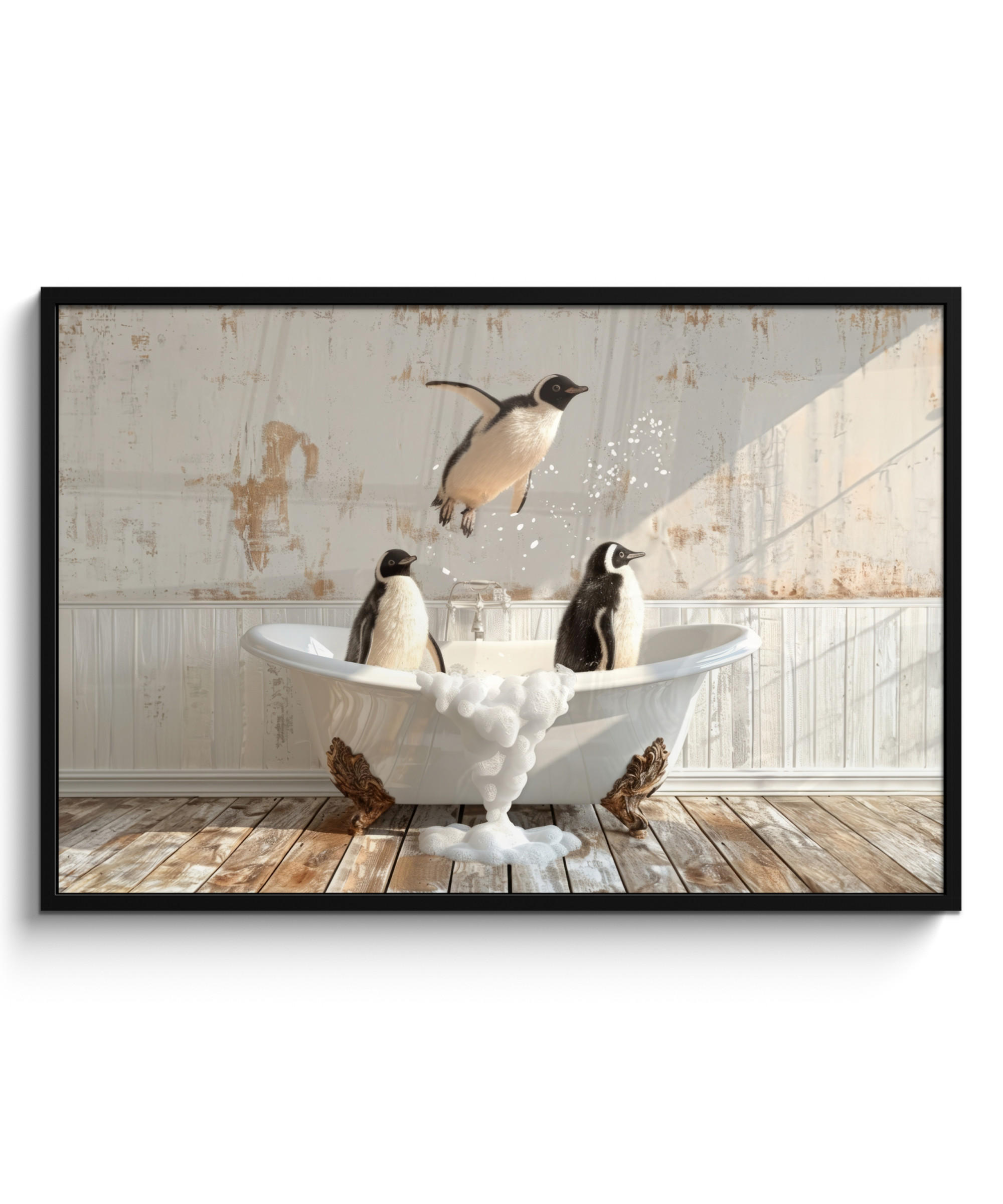 POSTER MIT RAHMEN Vintage - Pinguin - Badewanne - Schaumstoff 120x80 cm - Schwarz, Papier (120/80cm) - MuchoWow