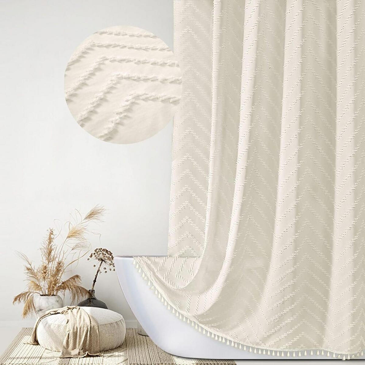 DUSCHVORHANG, Beige, „W“-Muster, 183 x 152 cm, Polyester - Beige, Textil (152/183cm) - Weltevree