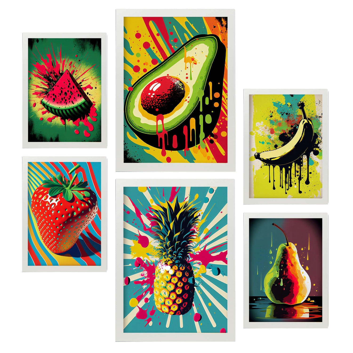 POSTER Set Mit 6 Tropische Früchte Vollfarbige Plakate Von Obst, Gemüse Und Gesunden Lebensmitteln Im Urban Art Stil A3 & A4 Weißer Rahmen - Weiß, Papier (29/3cm) - Nacnic