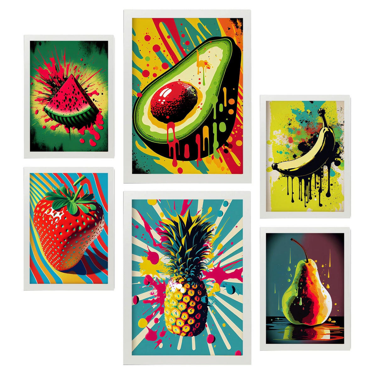 POSTER Set Mit 6 Tropische Früchte Vollfarbige Plakate Von Obst, Gemüse Und Gesunden Lebensmitteln Im Urban Art Stil A3 & A4 Weißer Rahmen - Weiß, Papier (29/3cm) - Nacnic