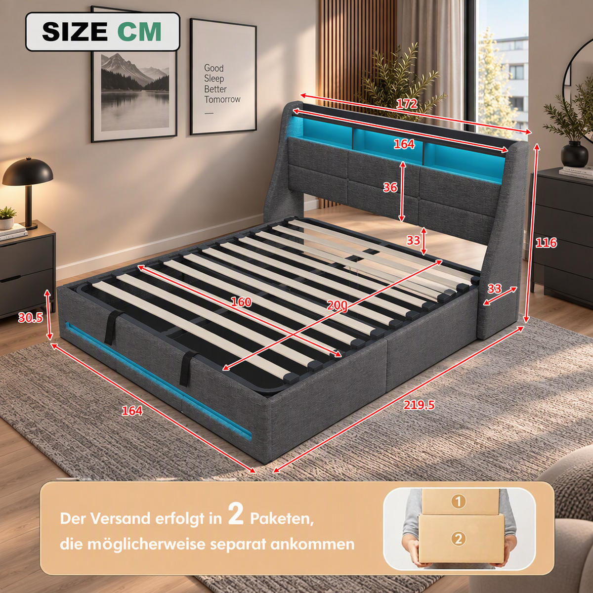POLSTERBETT 160x200 cm,Bett mit LED-Beleuchtung und Stauraum Kopfteil - Grau, Holz/Textil (160/200cm) - PARAFTA HOME