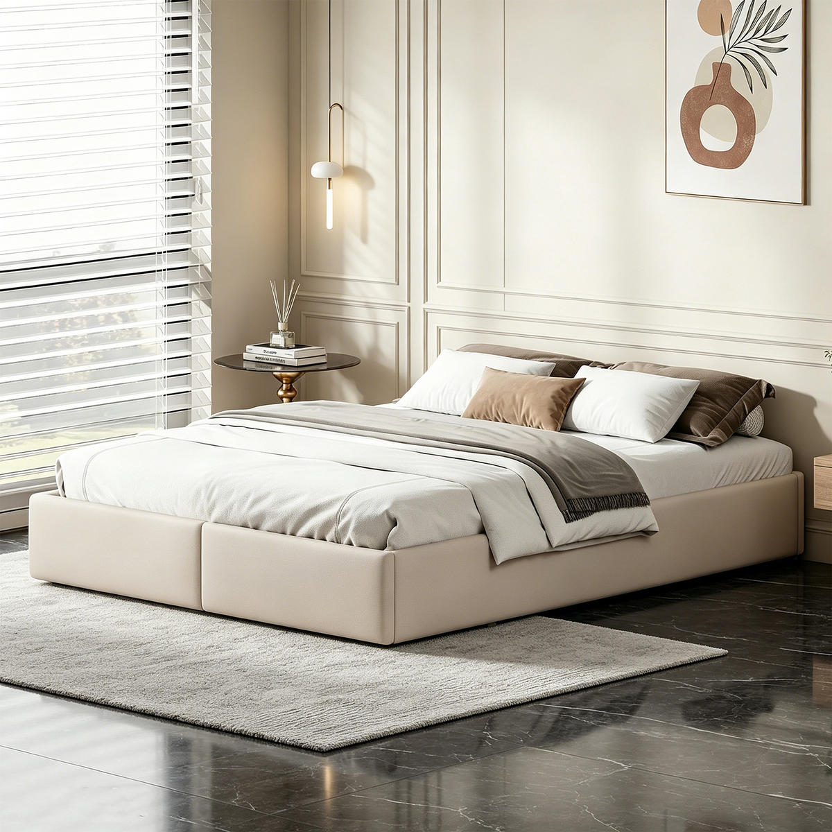 POLSTERBETT 140x200 mit stauraum, bettgestell mit 2 Schublade, Bettkasten, Lattenrost, ohne Kopfteil, Leinenstoff, beige - Beige, Holz/Textil (140/200cm) - GENKI LIVING