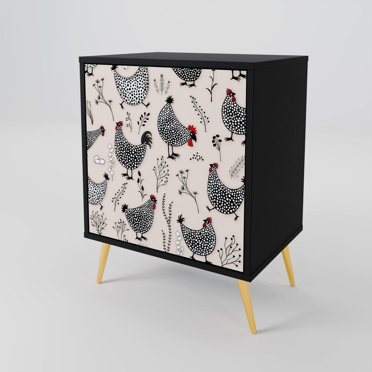 SIDEBOARD HAPPY HENS, Schwarz, 57,5x42x67,5 cm, Schwarze Metall-Rahmenfüße - Multicolor/Schwarz, Holzwerkstoff/Metall (57.5/67.5/42cm) - SpaceRebels