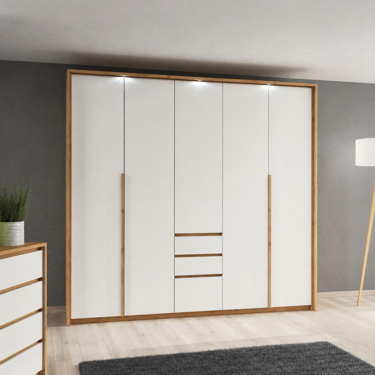 KLEIDERSCHRANK CORSA 230 cm Eiche Craft Gold / Weiß - mit Falttüren, Passepartout und LED - Eichefarben/Weiß, Holz/Holzwerkstoff (230/215/65cm) - Ravio