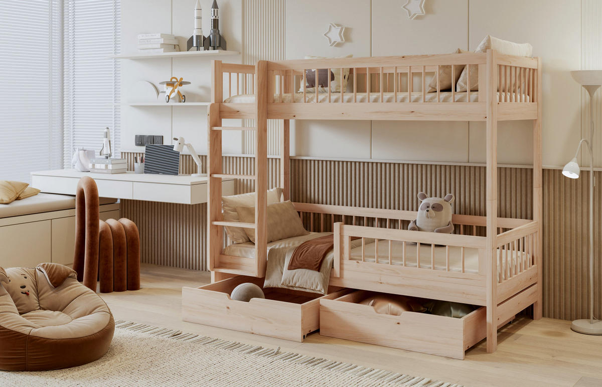 ETAGENBETT COEN 80x180 cm Farbe Kiefer – Kinderbett aus Holz für 2 Personen mit 2 Schubladen, Rausfallschutz und Leiter – Stockbett Jugendbett - Braun, Holz (90/200cm)