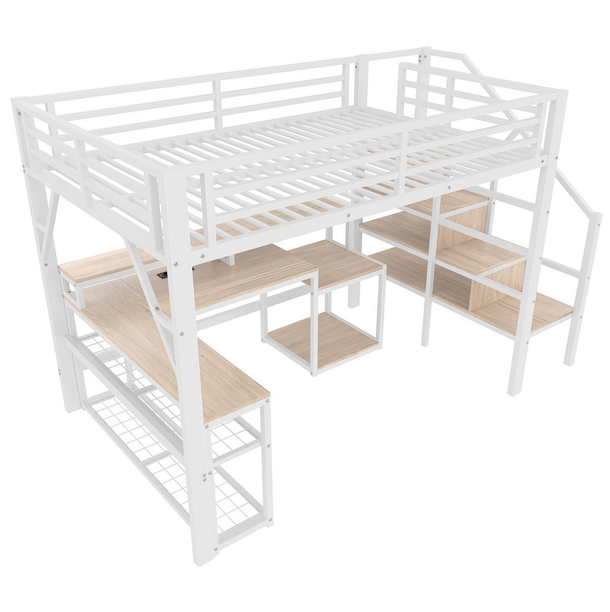 HOCHBETT 140/200 cm, Weiß mit Schreibtisch, LED-Streifen und USB-Anschluss - Weiß, Metall (140/200cm) - MIVRAY