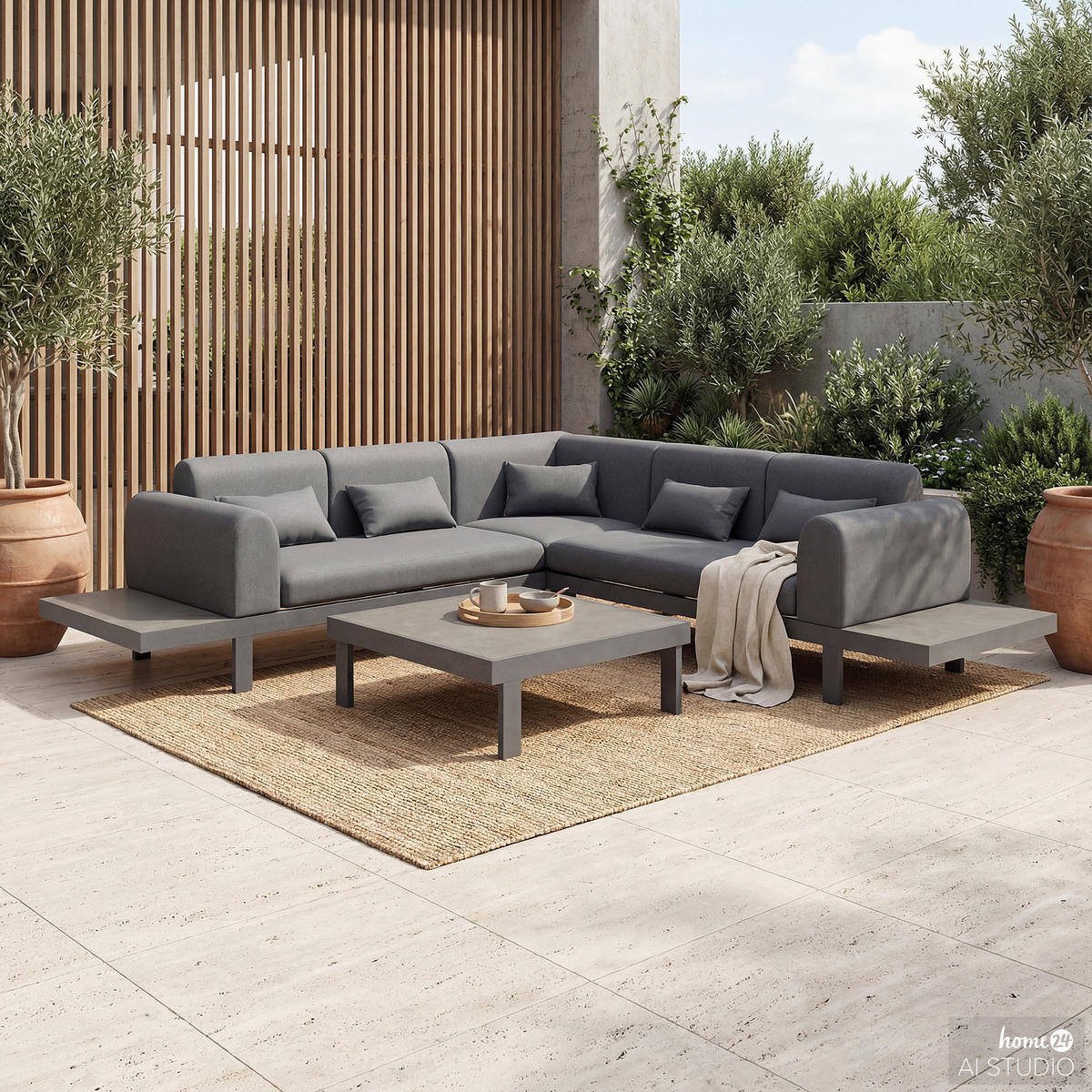 LOUNGESET - 4-teilig - Aluminium / Webstoff - Grau - Grau, Glas/Textil - home24