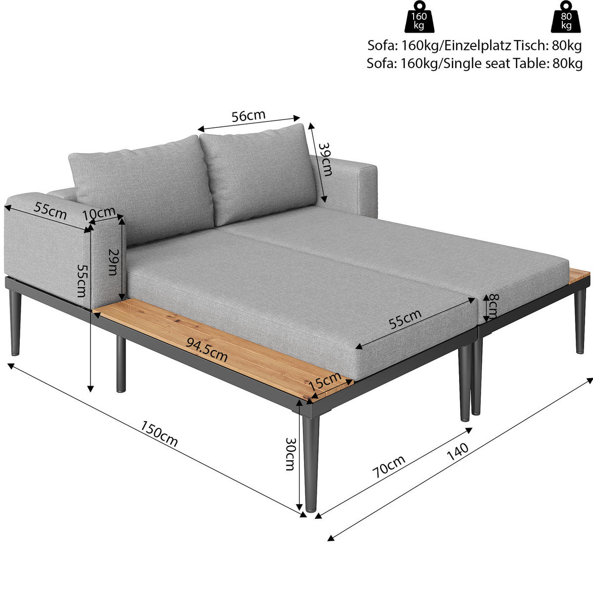 GARTENLIEGE 150/140/30 cm grau aus Metall und Polyester teilbar - Grau, Metall (150/30/140cm) - OKWISH