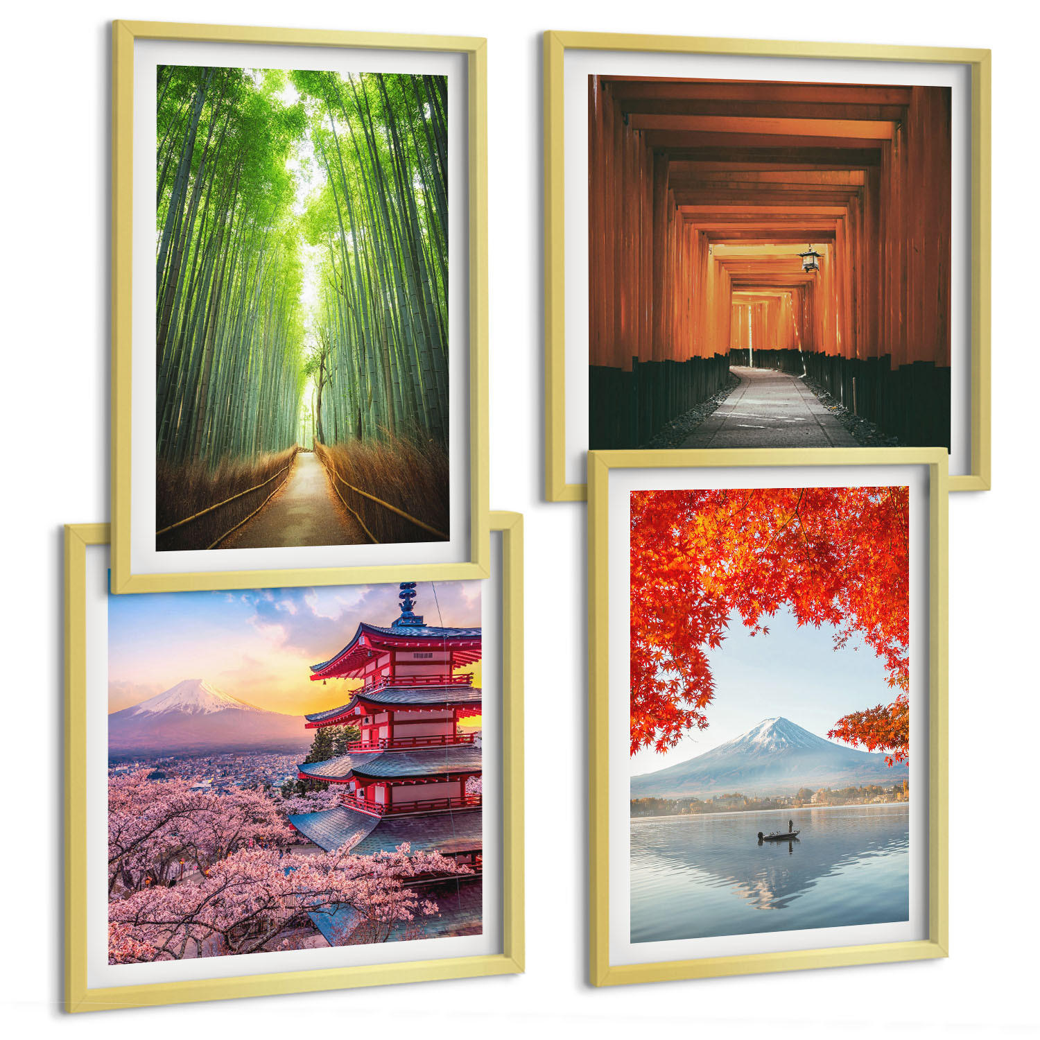 BILDER SET 4er Set - 50x50 cm & 40x60 cm Goldrahmen - Fuji-Torii-Bambuswald, Japan - Goldfarben, Kunststoff (50/50cm) - TULUP