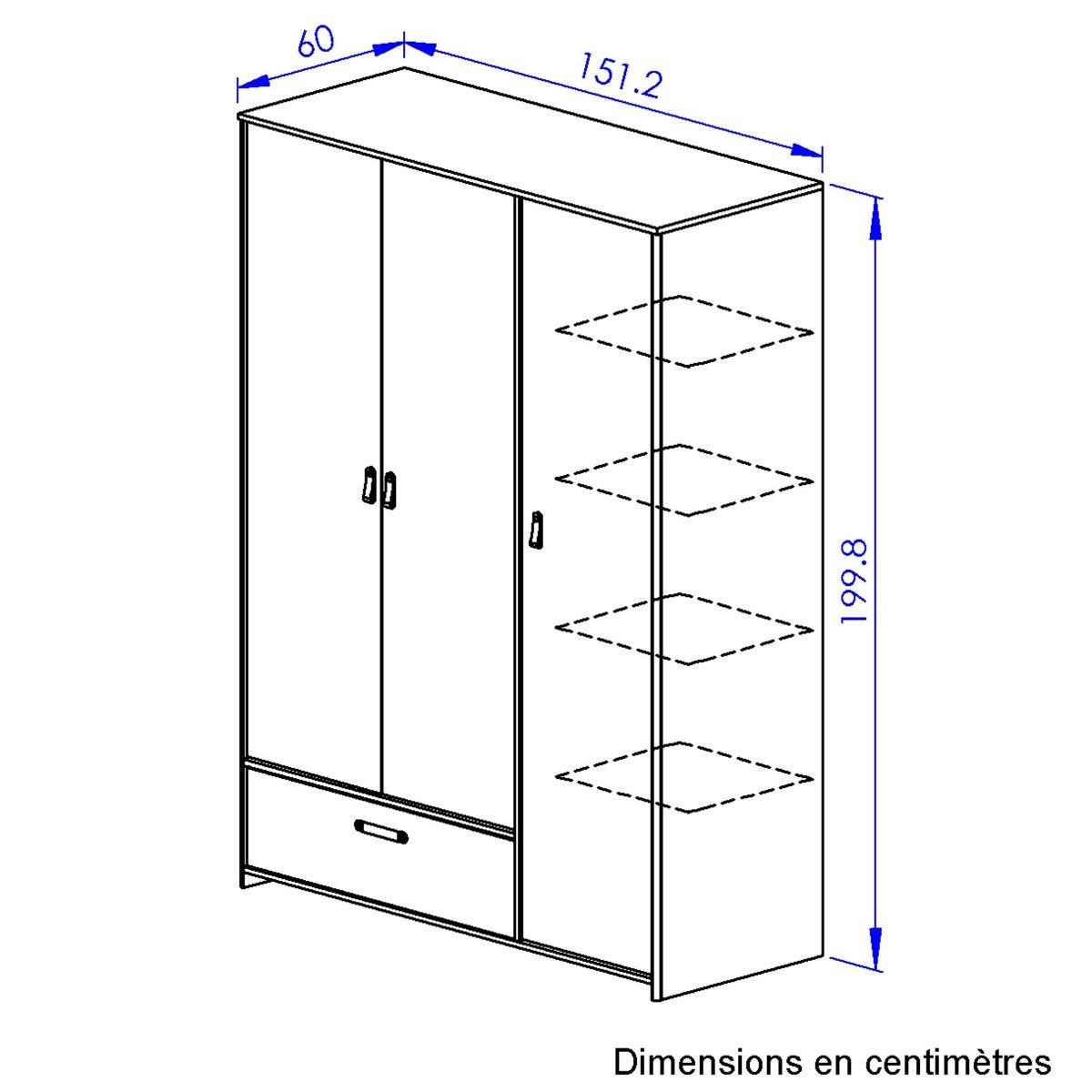 KLEIDERSCHRANK 3 Türen 1 Schublade industrieller Stil Eiche Handwerkskunst - Französische Herstellung - 60/152/200 cm - Apfelbaumfarben, Holzwerkstoff (152/200/60cm) - Calicosy