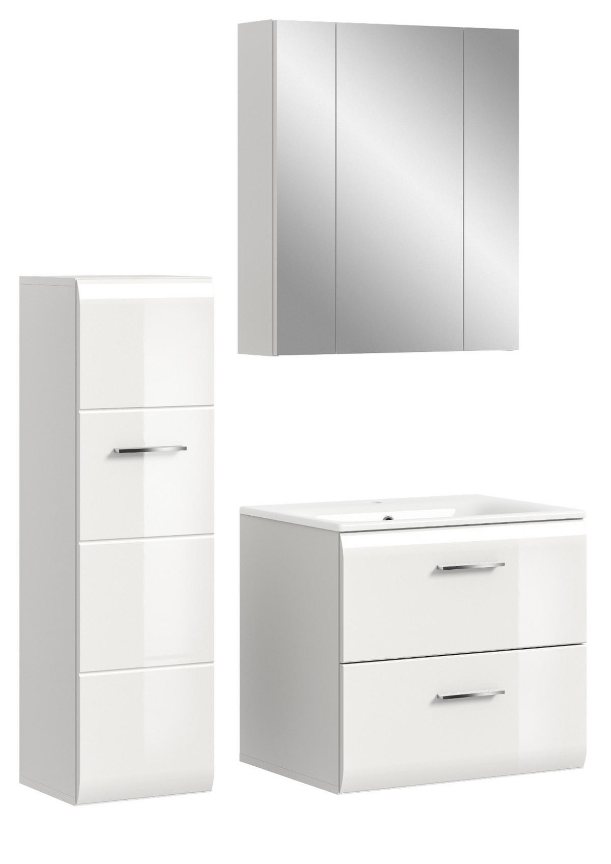 BADMÖBEL-SET weiß Hochglanz 3-teilig 105 cm, Komplettset inklusive Waschbecken - Weiß Hochglanz/Silberfarben, Glas/Holzwerkstoff (105/185/46cm) - Inn.Furn