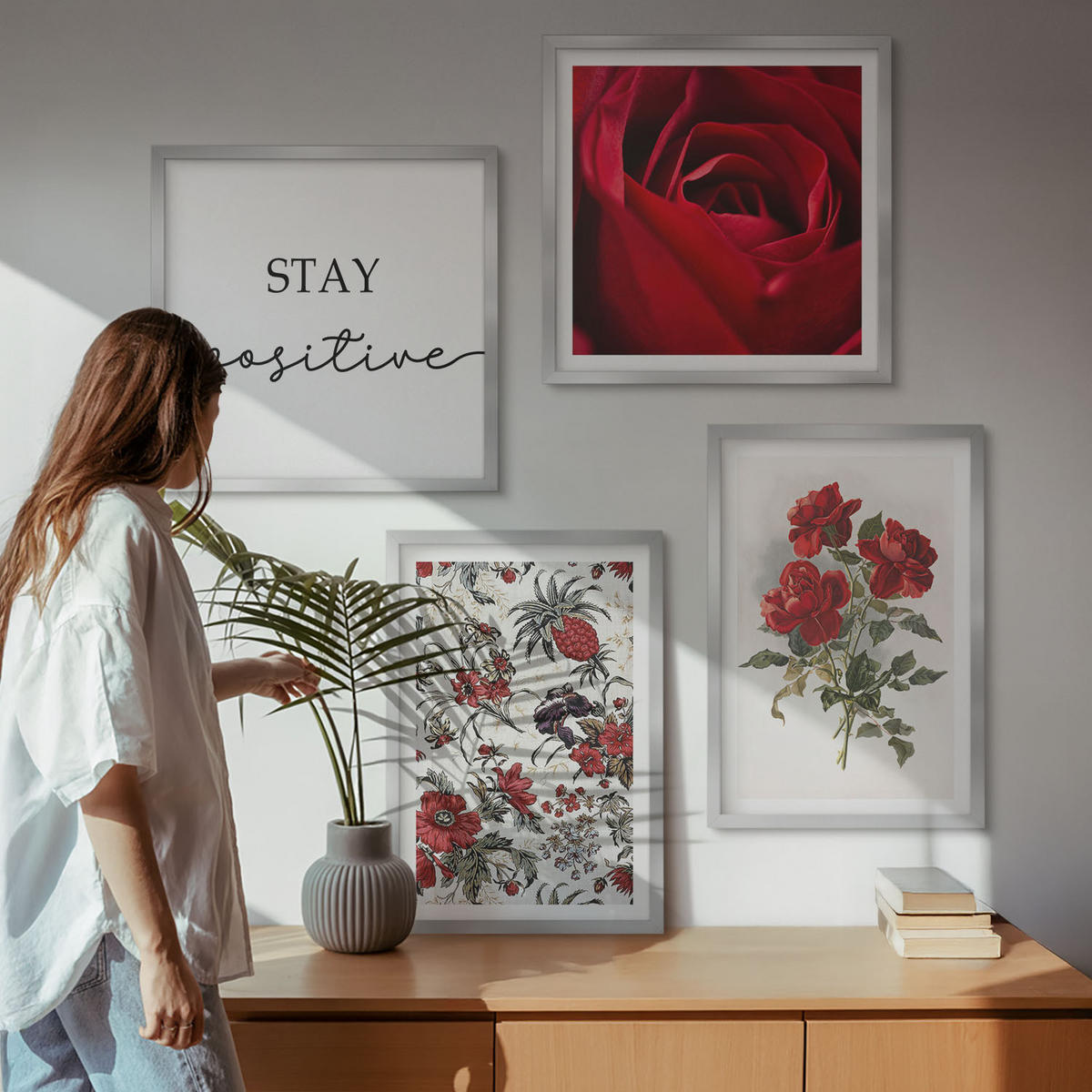 BILDER SET 4er Set - 50x50 cm & 40x60 cm Silberner Rahmen - Inschrift mit roten Rosen - Silberfarben, Kunststoff (50/50cm) - TULUP
