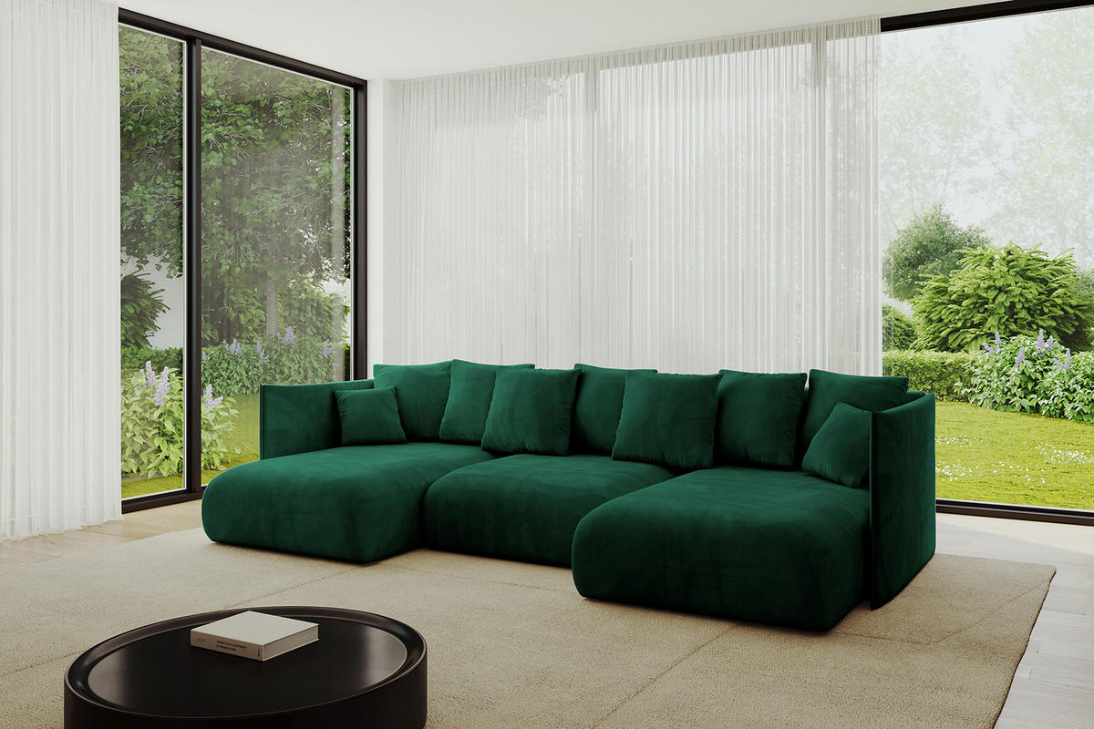 WOHNLANDSCHAFT mit Schlaffunktion und Bettkasten ONESK-U 304x165x40 Dunkelgrün Velours - Dunkelgrün, Holzwerkstoff/Kunststoff (304/90/165cm) - ALTDECOR