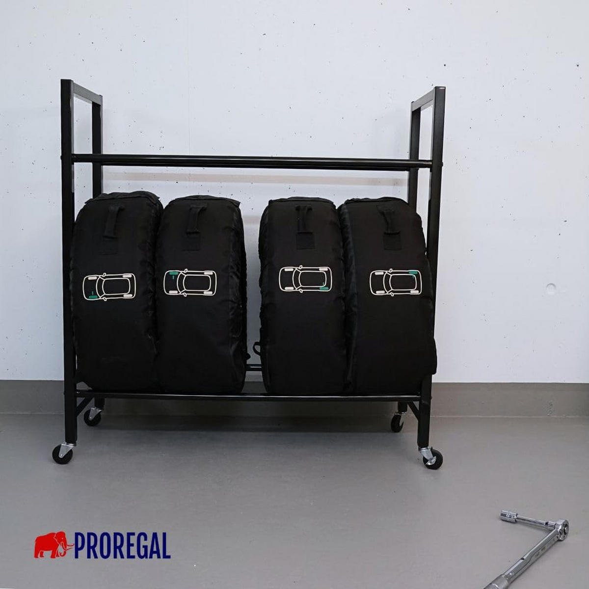 REIFENREGAL Carrero auf Rollen 115x111x40 cm bis zu 8 Reifen auf 2 Ebenen Schwarz - Schwarz, Metall (111/115/40cm) - PROREGAL