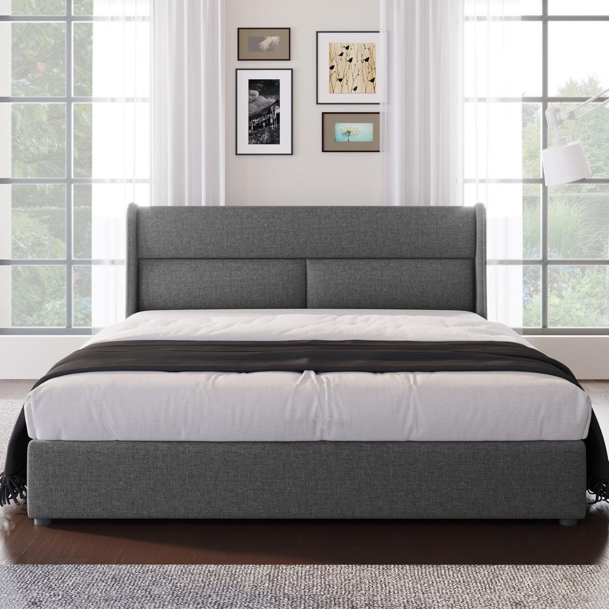 POLSTERBETT mit Stauraum und verstellbarer Kopfstütze 160x200 cm Leinen Grau - Grau, Metall (160/200cm) - Meubliv