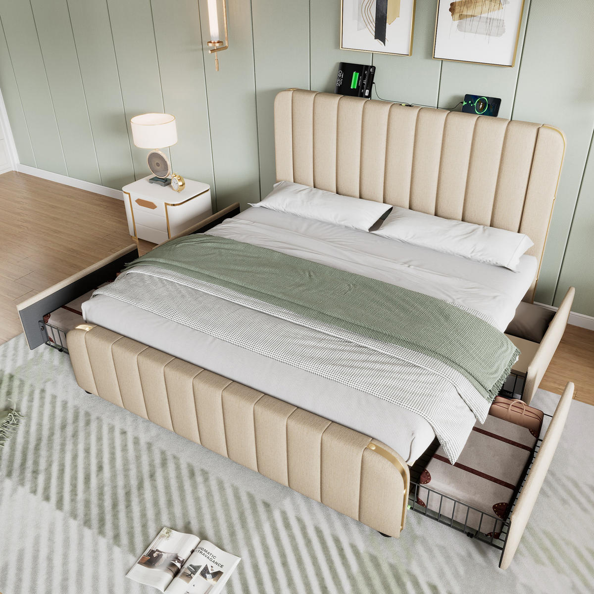 POLSTERBETT mit Matratze USB/Typ-C 140x200 cm Beige Leinen 4 Schubladen - Beige, Metall (140/200cm) - Meubliv