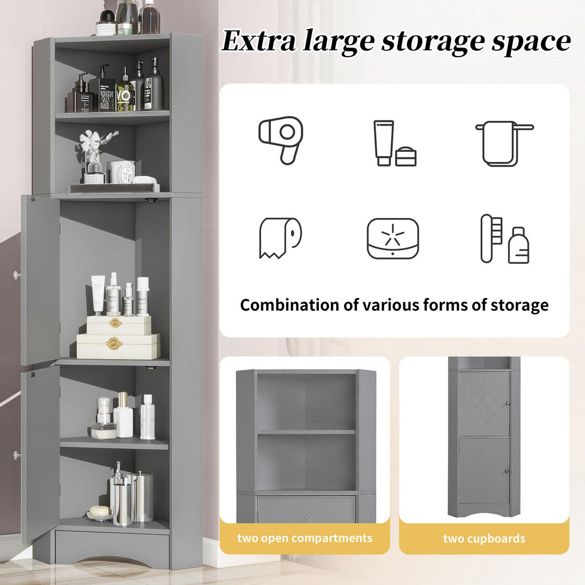 HOCHSCHRANK Hellgrau mit verstellbarem Einlegeboden 36,5/36,5/155 cm - Grau, Holzwerkstoff (36.5/155/36.5cm) - PANGIVO