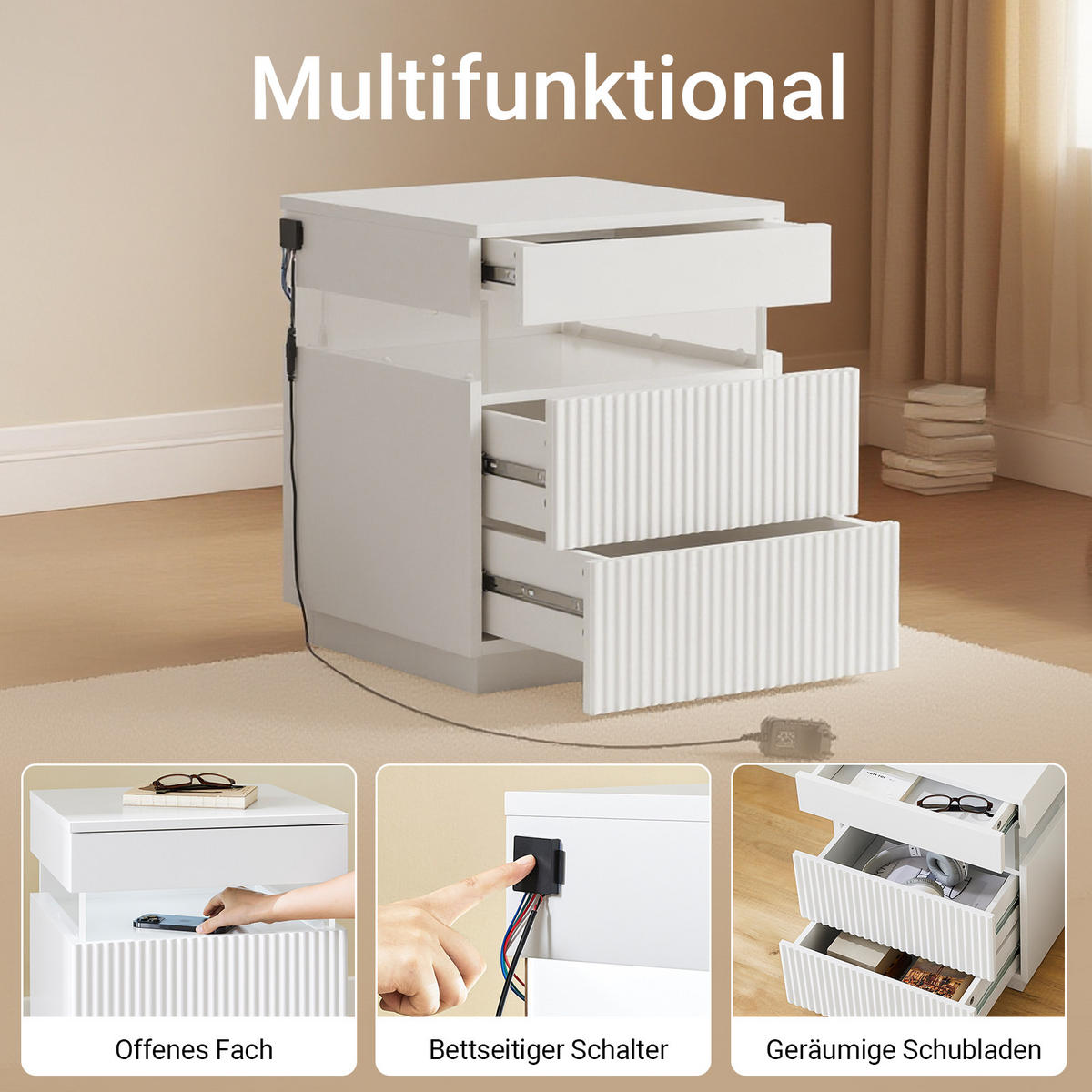 NACHTTISCH mit 3 Schubladen, Weiß - Weiß, Holzwerkstoff/Metall (41/52/40cm) - SoBuy