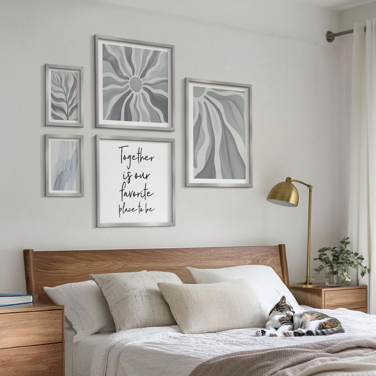 WANDBILDER 5er Set - 50x50 cm & 20x30 cm & 40x60 cm Silberner Rahmen - Illustrationen mit floralen Pastellmustern - Silberfarben, Kunststoff (40/60cm) - ArtPrintCave