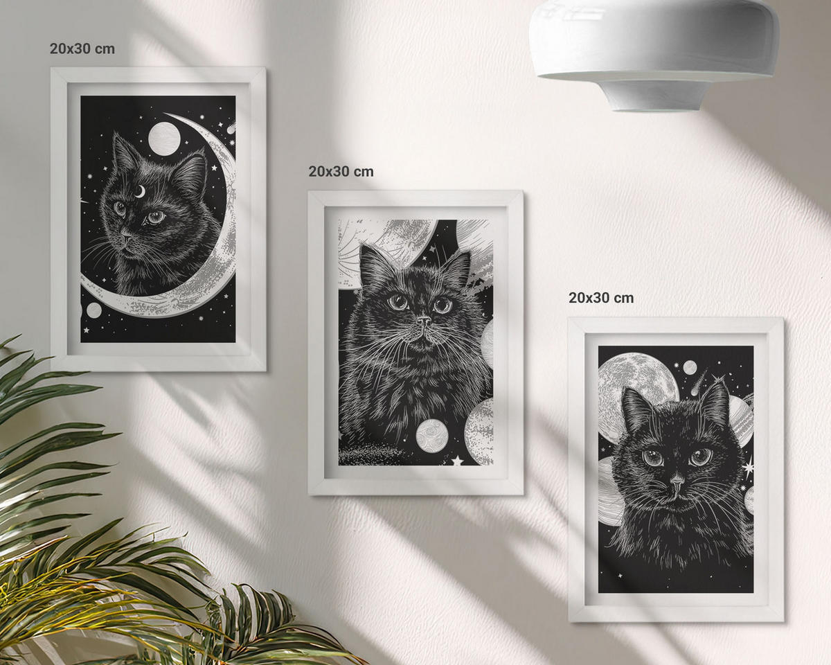 BILDER SET 3er Set - 20x30 cm Weißer Rahmen - Schwarze Katzen, Mond, Weltraum - Weiß, Kunststoff (20/30cm) - TULUP