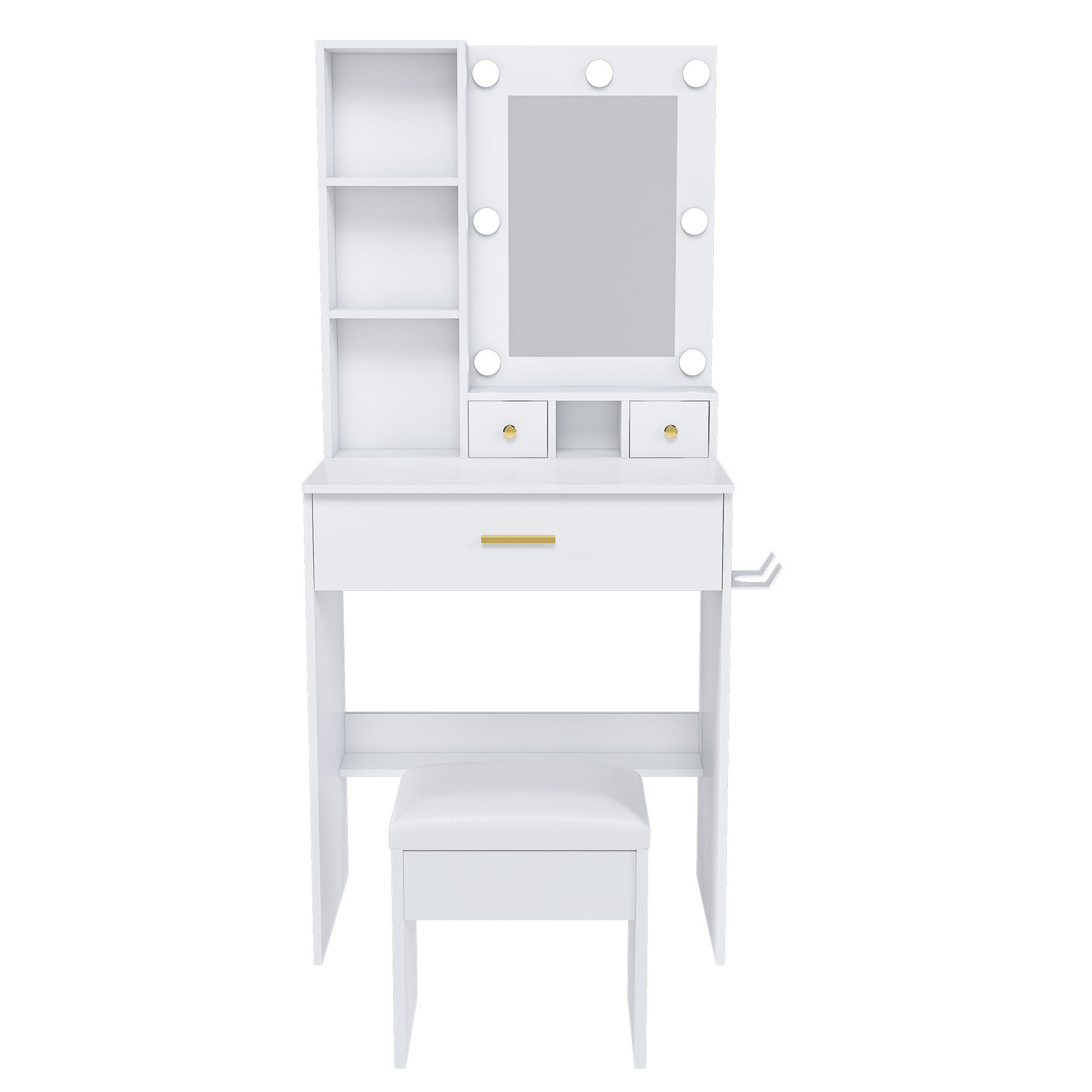 SCHMINKTISCH in Weiß Frisiertisch mit Hocker, Spiegel, LED und Steckdose, für kleine Schlafzimmer, B60/H131.5/T38cm - Weiß, Holzwerkstoff (60/131.5/38cm) - STILVORA