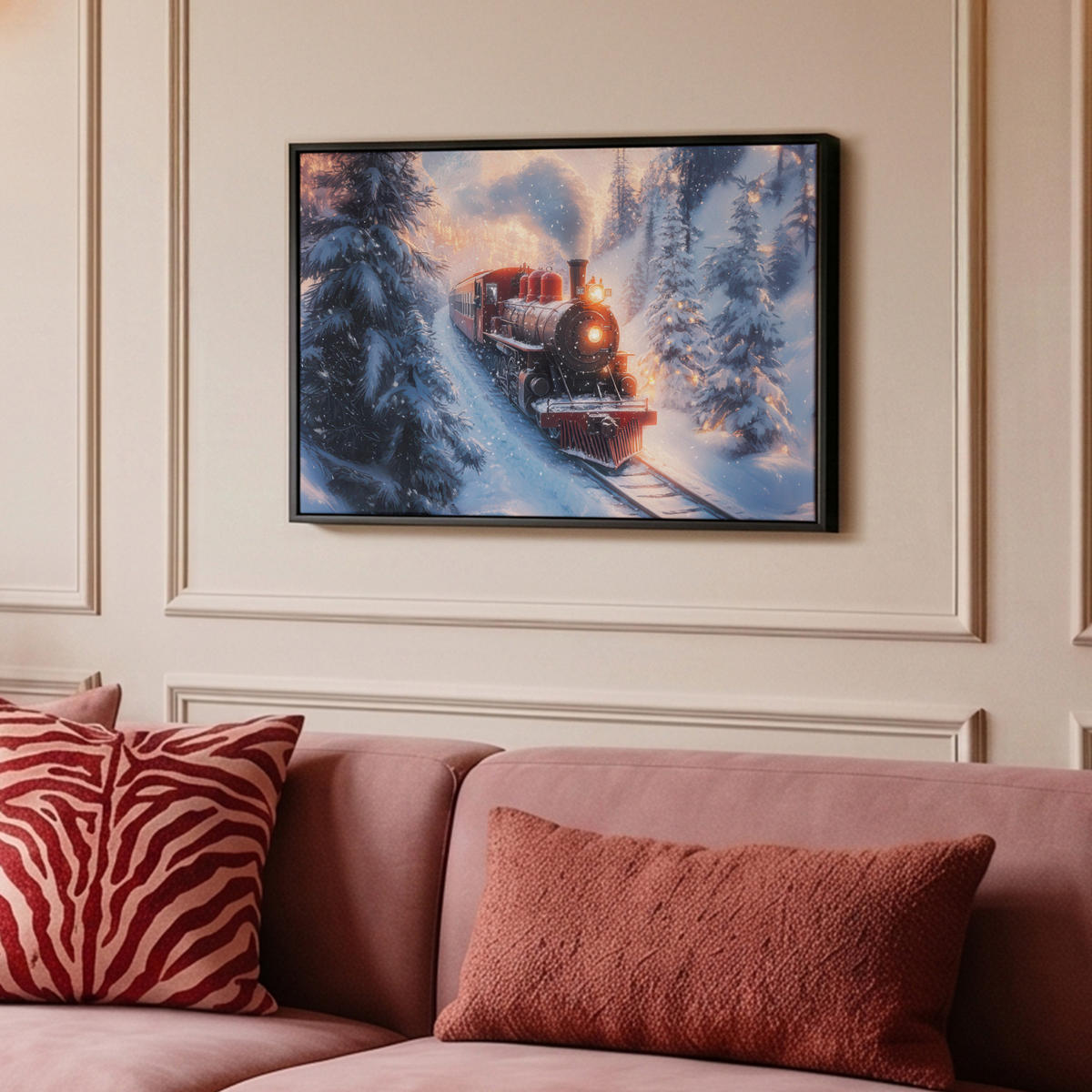 LEINWAND Bilder mit Rahmen - Weihnachtszug - Schnee - Winter - Weihnachten - 60x40 - Dunkelrot, Textil (60/40cm) - MuchoWow