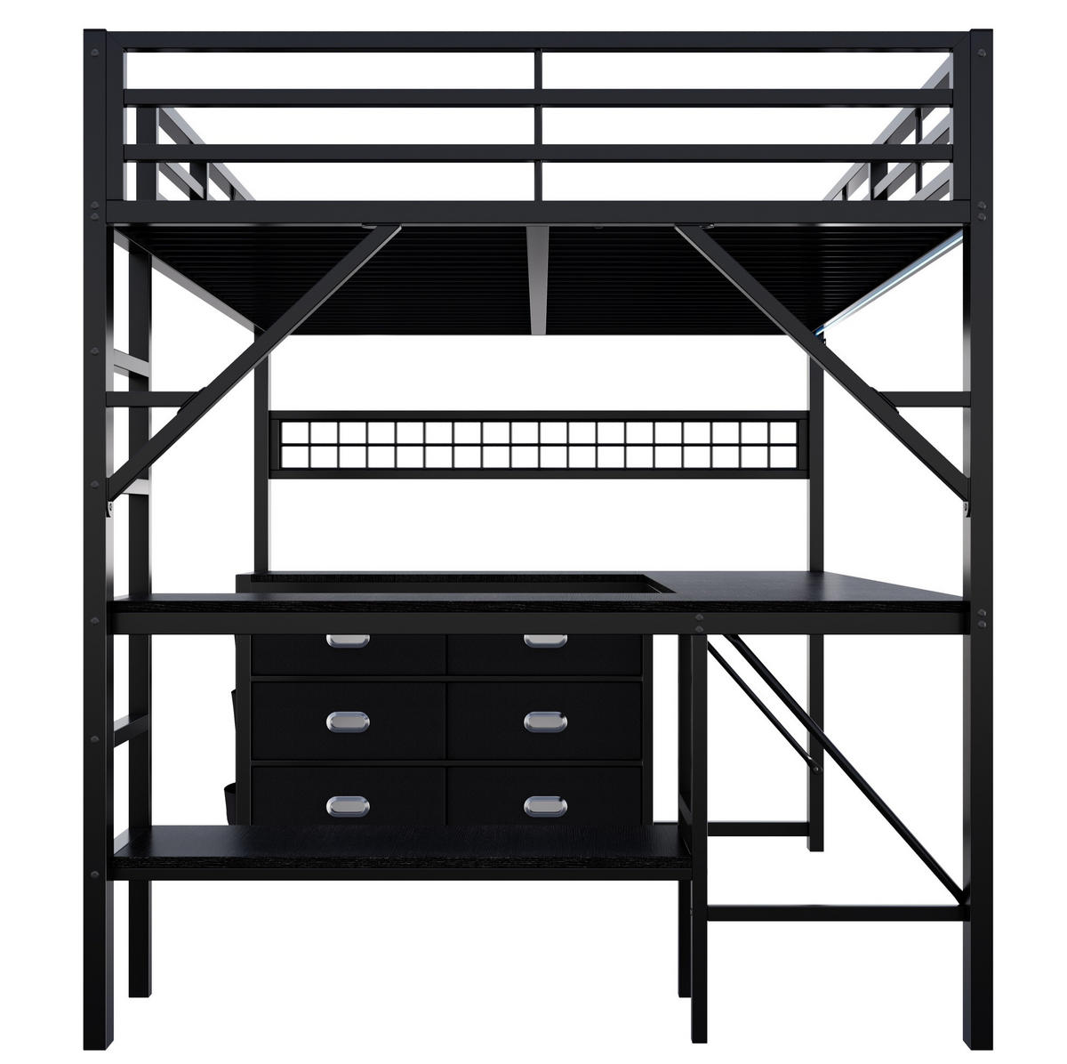 HOCHBETT Metall & MDF 140x200 cm Schwarz mit Schreibtisch, LED und Stauraum - Schwarz, Holzwerkstoff (140/200cm) - Modfu