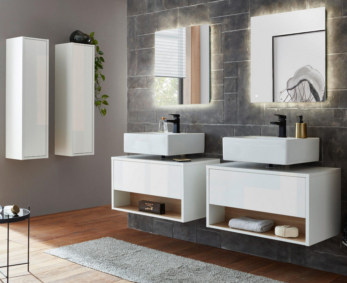 BADMÖBEL-SET 6-teilig weiß Hochglanz, Eiche, Badezimmer Komplettset mit LED Beleuchtung 250 cm - Weiß Hochglanz/Eichefarben, Glas/Holzwerkstoff (250/190/46cm) - Furn.Design