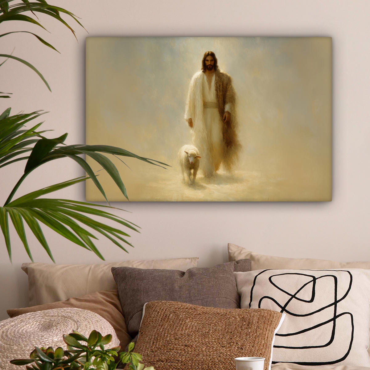 LEINWANDBILD Schaf - Jesus - Pinselstriche - Abstrakt Wanddeko 90x60 cm - Sandfarben, Textil (90/60cm) - MuchoWow