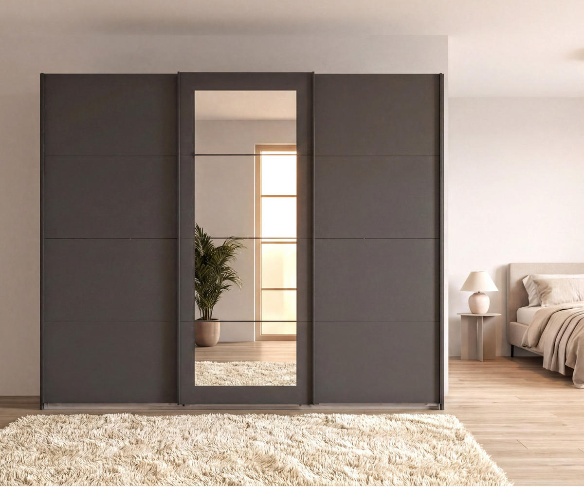 SCHWEBETÜRENSCHRANK 3-türig B270/H208/64 cm Kleiderschrank in Grafit, mittig Spiegel, Griffe Schwarz / 22630 - Schwarz/Graphitfarben, Holzwerkstoff/Metall (270/208/64cm) - luma-home
