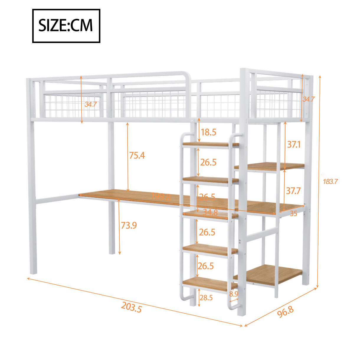 HOCHBETT 90/200 cm weiß aus Metall mit Tisch und Regalen - Weiß, Metall (90/200cm) - OKWISH