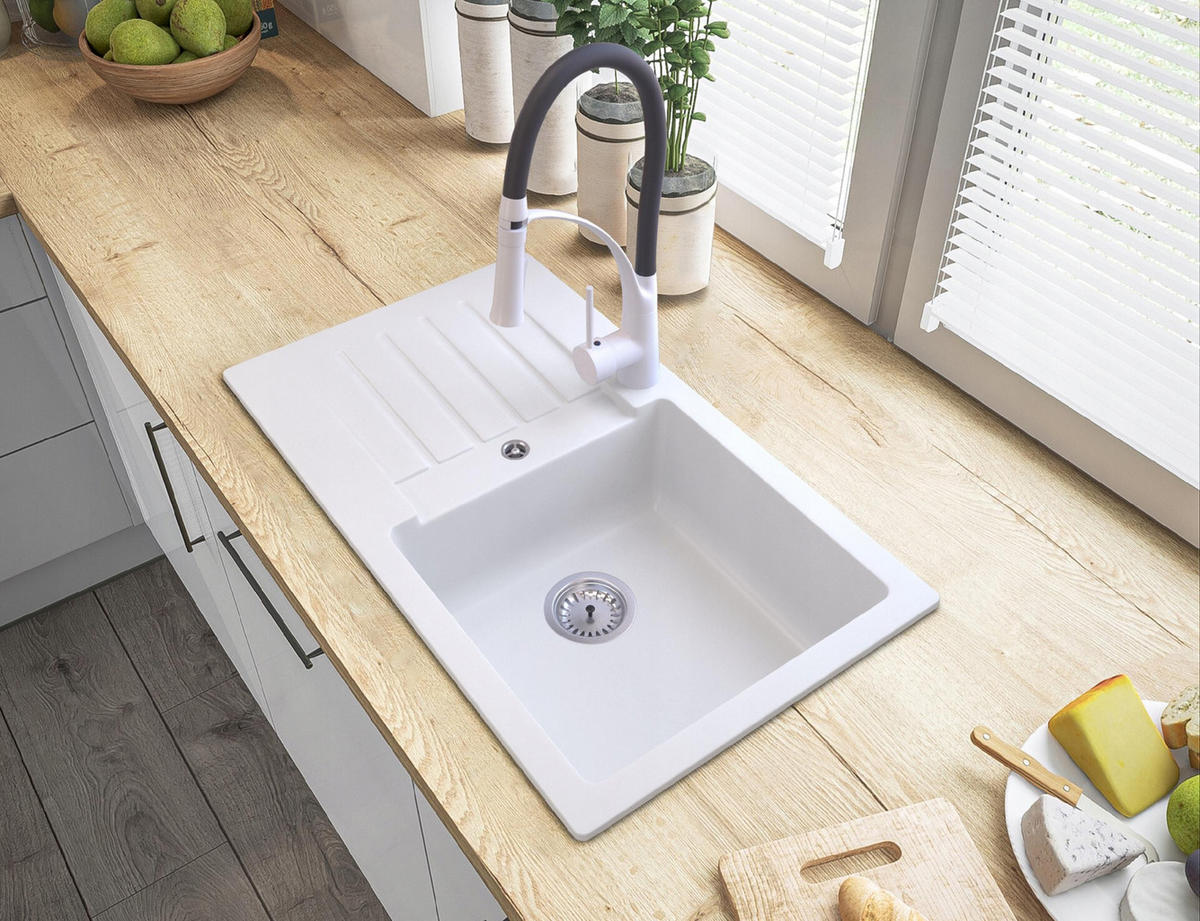 GRANITSPÜLE Trix mit Batterie Siphon - Weiß, Kunststoff/Stein (16/44/76cm) - Granitan