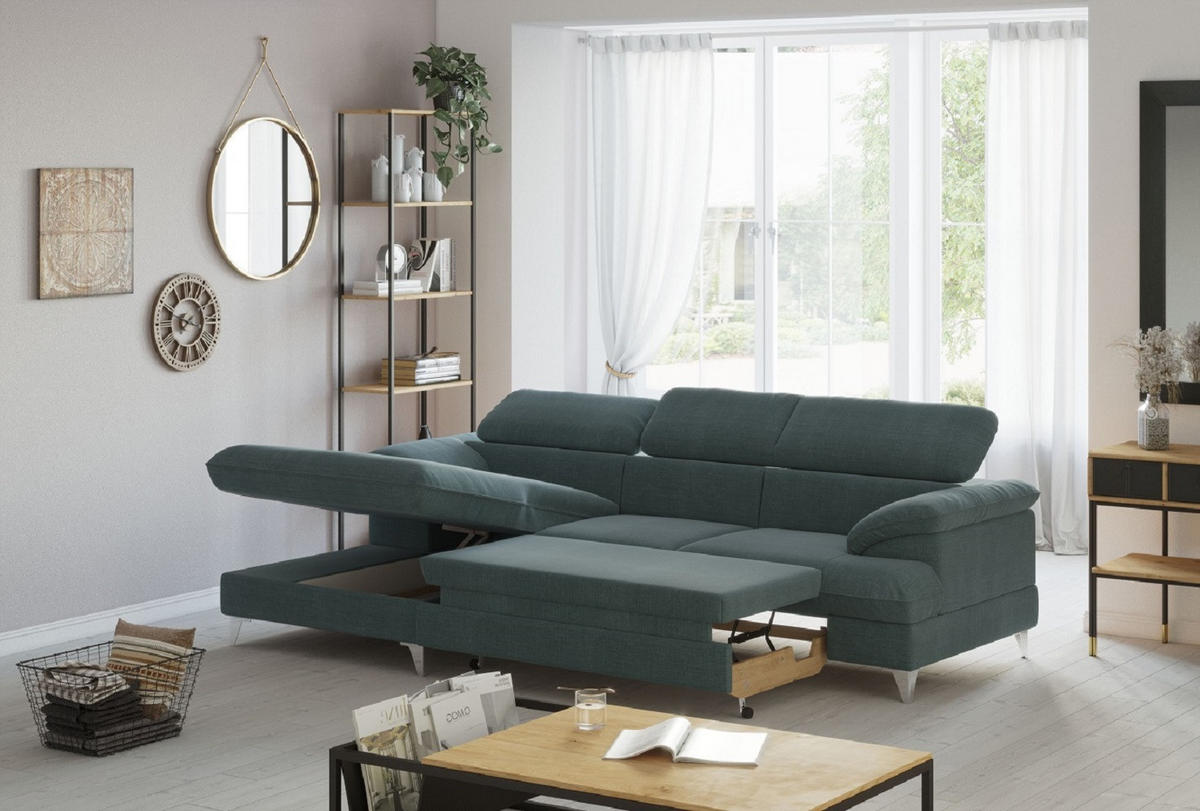 ECKSOFA mit Schlaffunktion und Bettkasten, verstellbare Kopfstützen - Chromfarben/Anthrazit, Textil/Metall (254/167cm) - Cotta