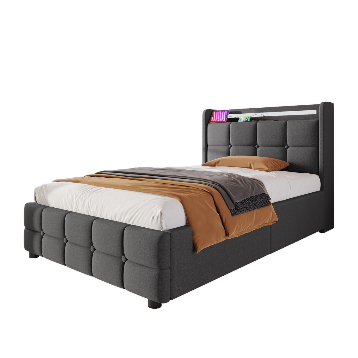 POLSTERBETT aus Holz 90x200 cm in Grau mit LED & USB-Steckdosen - Grau, Holz (90/200cm) - Modfu