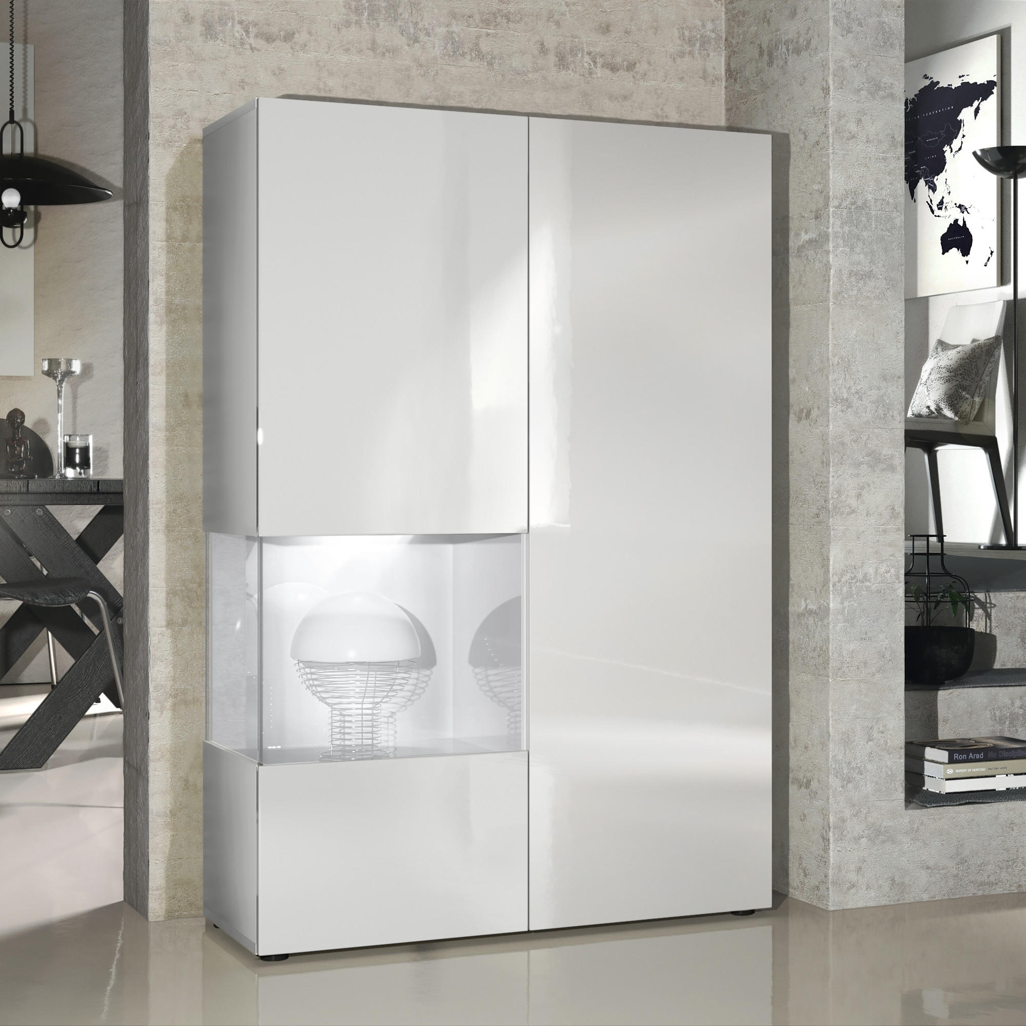 VITRINE Morena Tür und Einsatz in Weiß Hochglanz - Weiß Hochglanz, Holzwerkstoff (91.5/136.5/37cm) - Vladon