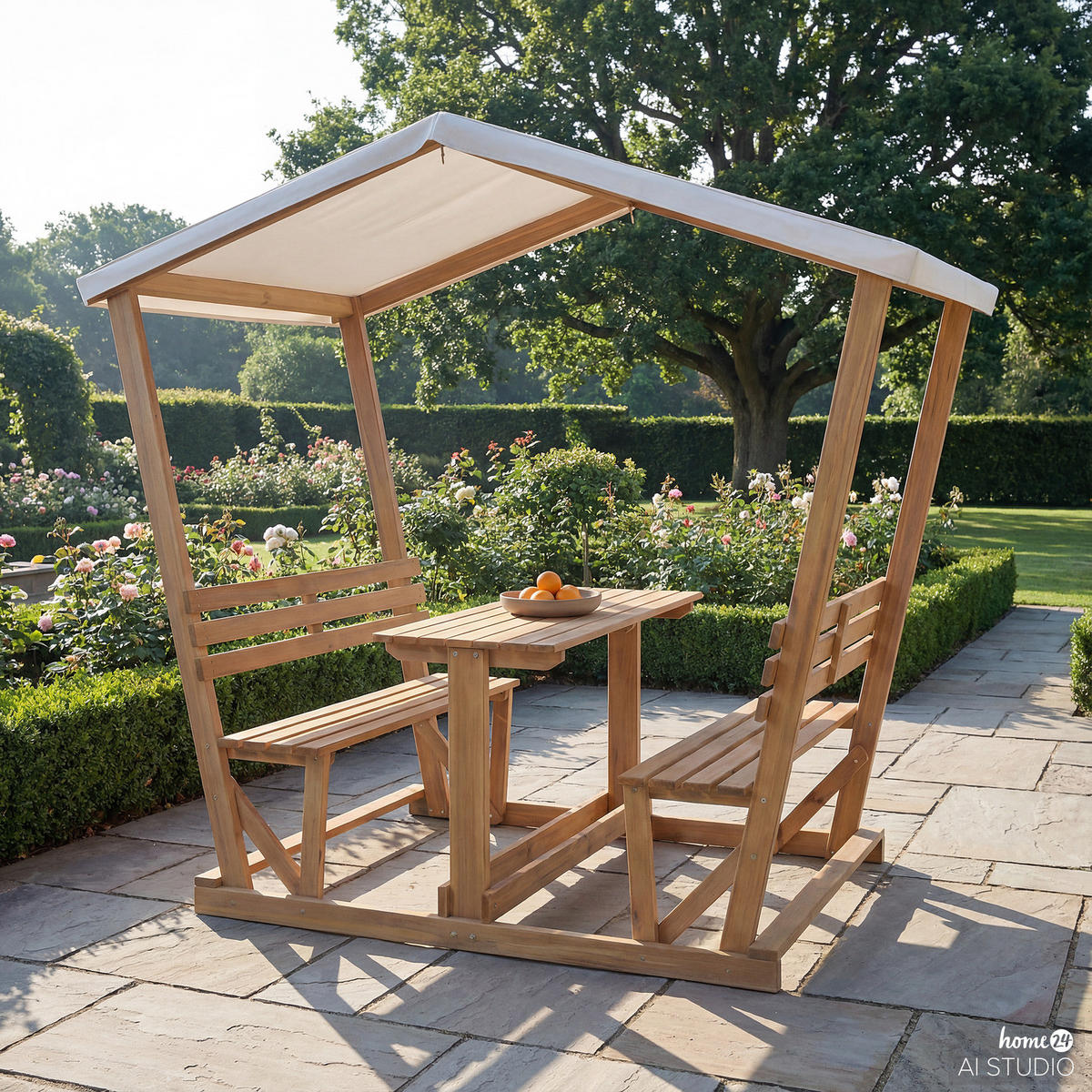 GARTENSITZGRUPPE - Akazie massiv / Polyester - Braun - Creme/Akaziefarben, Holz - home24