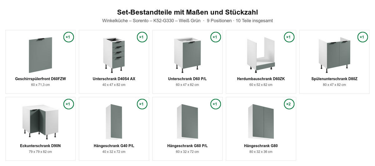 L-KÜCHE Sorento Weiß & Grün – 330 × 210 cm – K52-G330 - Schwarz/Weiß, Holzwerkstoff/Metall (330/247/210cm) - ROYAL24_MARKT