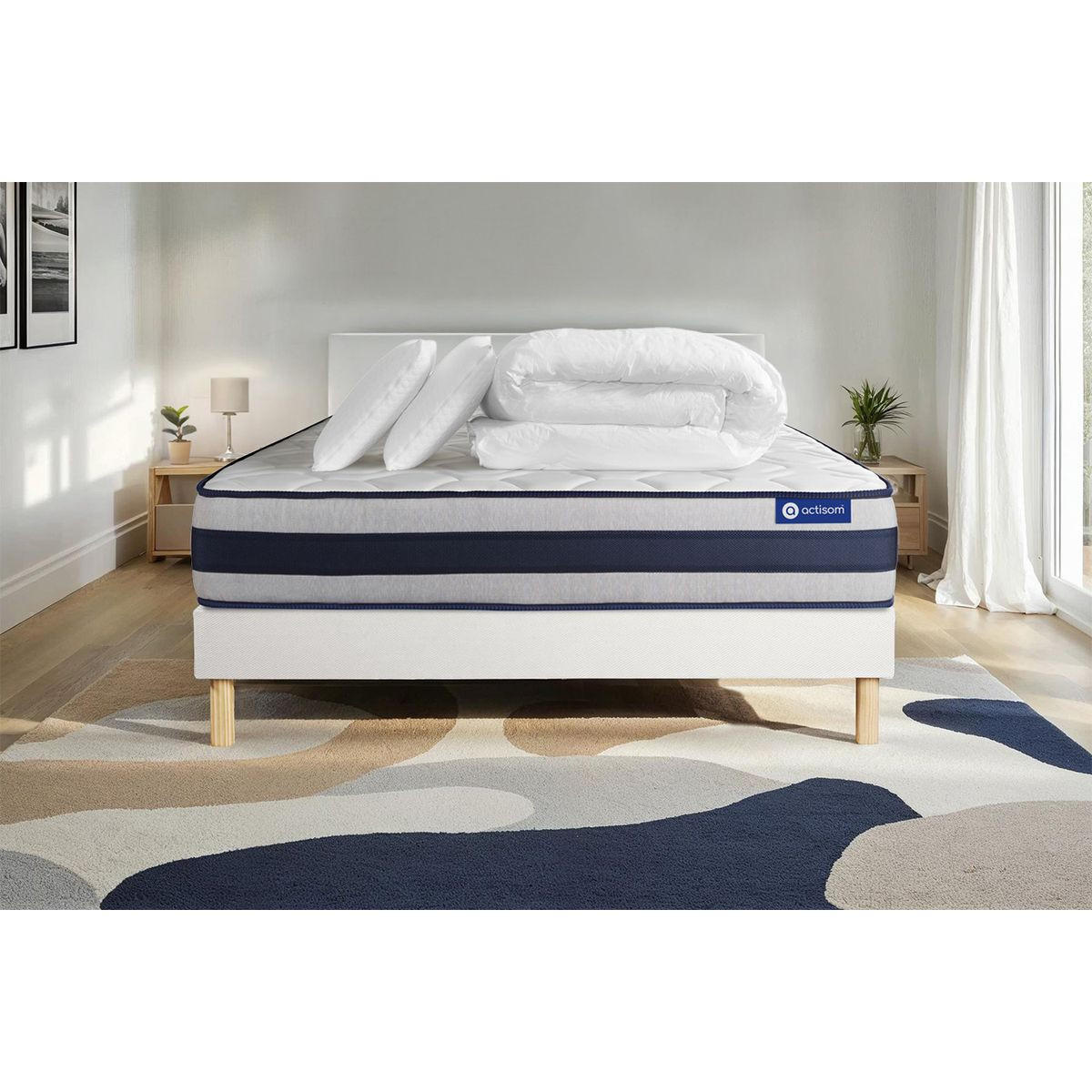 BETT Actilatex ergo Latex und Memory-Schaum 160 x 200 cm h3 - Kit Bettgestell Weiß - Mit Kissen und Bettdecke - Beige/Weiß, Karton/Holz (160/200cm) - ACTISOM