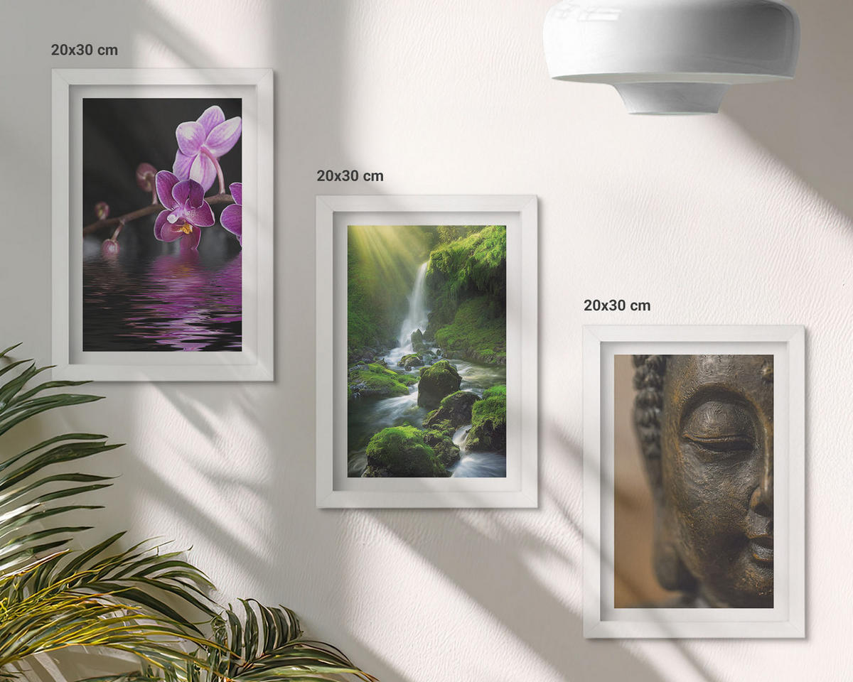 WANDBILDER 3er-Set - 20x30 cm Weißer Rahmen - Blumen, Wasserfall, Buddha-Felsen, Zen - Weiß, Kunststoff (20/30cm) - ArtPrintCave