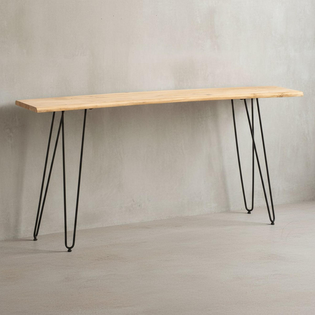 KONSOLENTISCH – Akazie Massivholz, 150x36x75 cm, mit Baumkante, Haarnadelbeine, Metallgestell - Schwarz/Akaziefarben, Holz/Metall (36/150/75cm) - KADIMA DESIGN