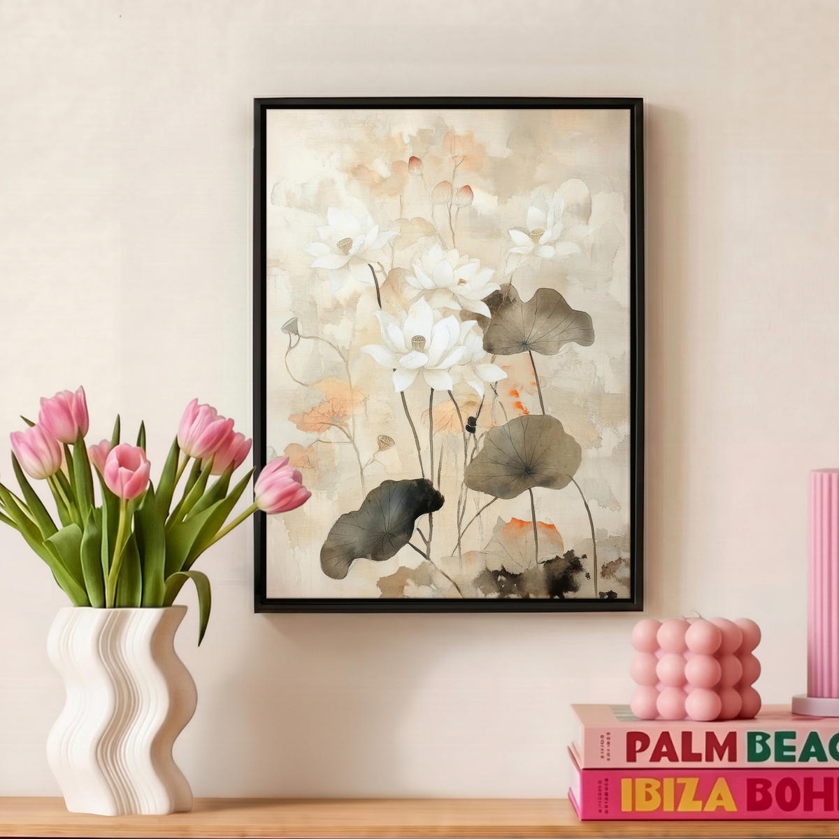 LEINWAND Bilder mit Rahmen - Blumen - Japandi - Wabi sabi - 30x40 - Sandfarben, Textil (30/40cm) - MuchoWow